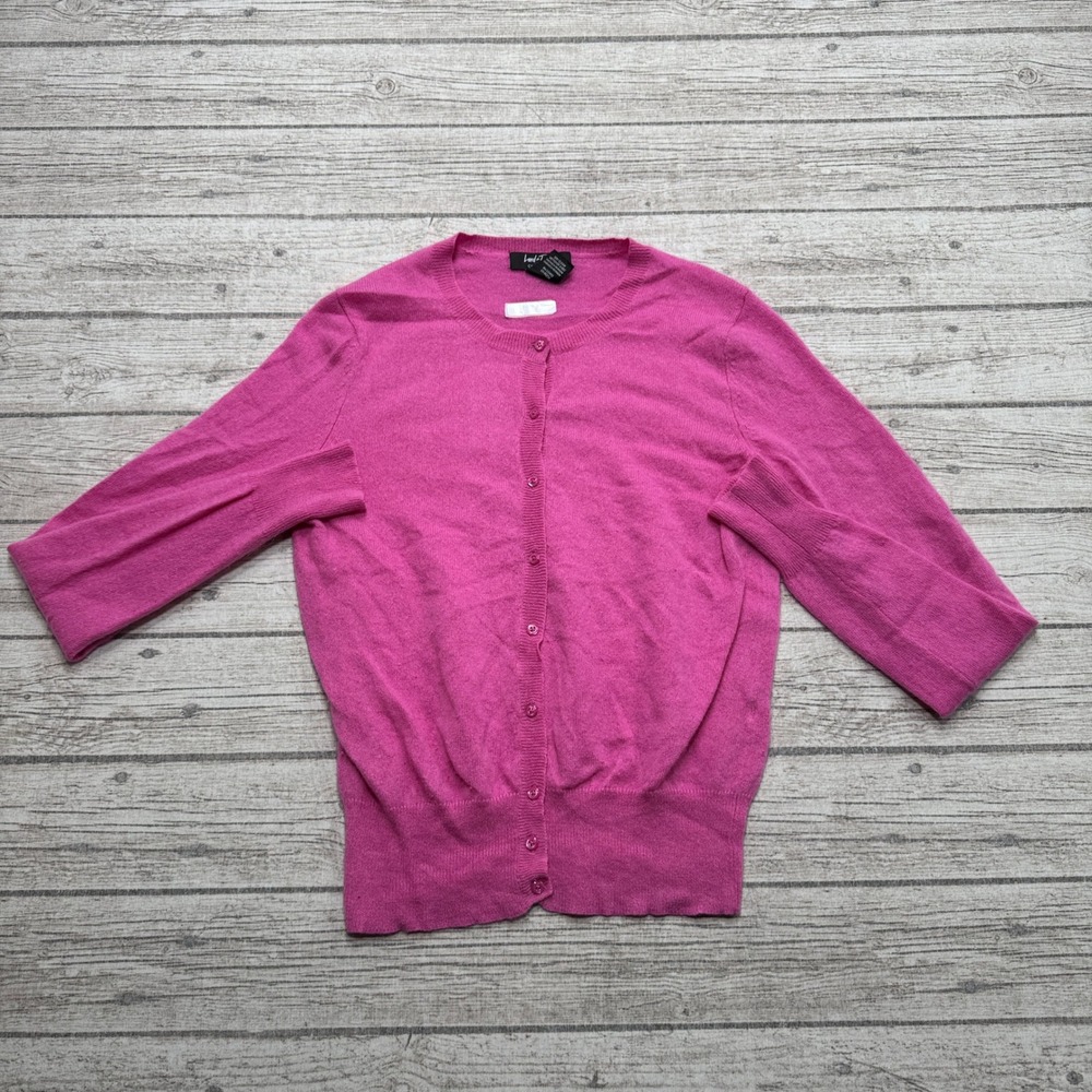 Lord & Taylor Sweater Women's Medium Pink Cashmere 3/4 Sleeve Button Up Cardigan